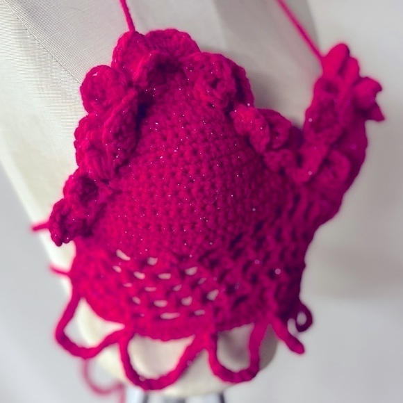 HOT PINK CROCHETED FESTIVAL OR SWIM TOP - Picture 3 of 8